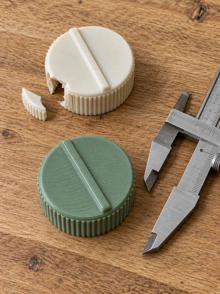 AI repair concept: a broken ivory control knob, matching sage green printed replacement and a caliper on an oak workbench