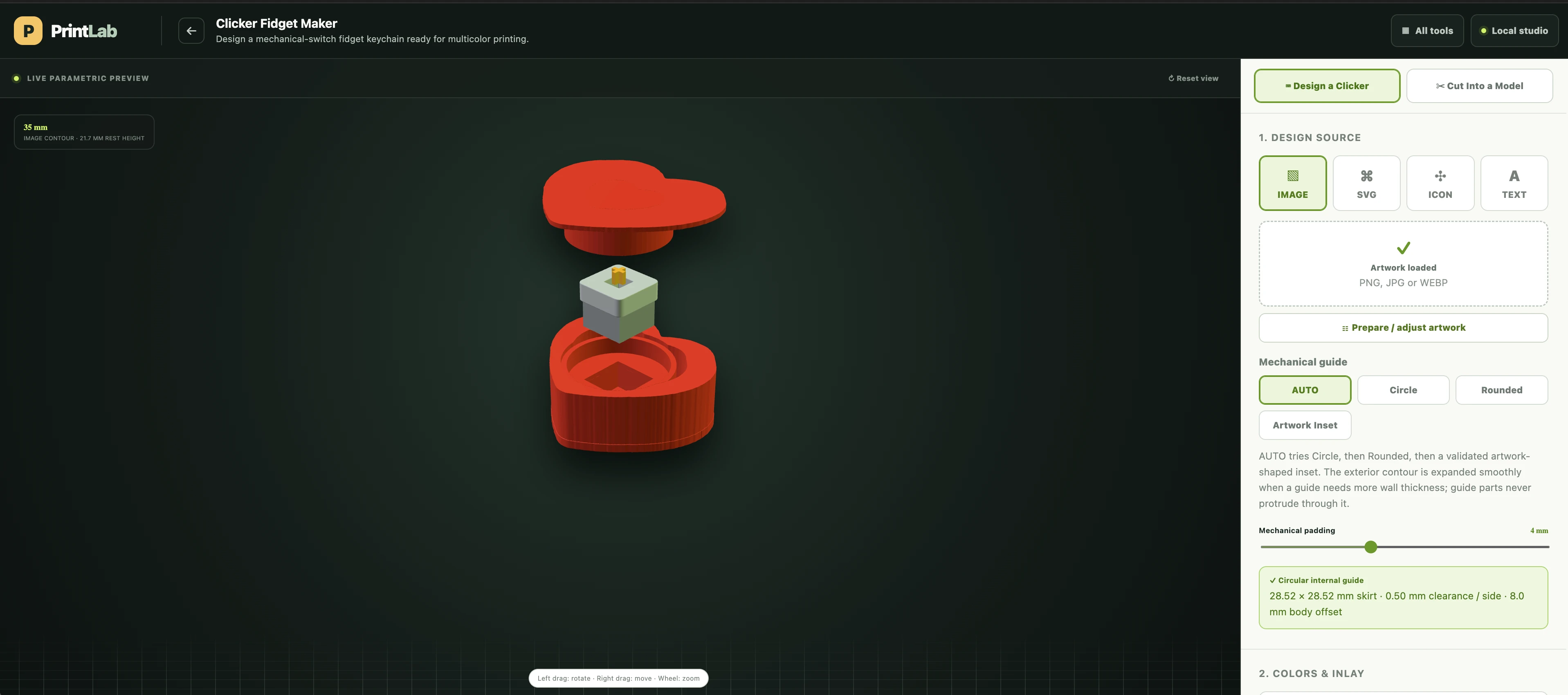 Supplied Clicker Fidget Maker screenshot showing an exploded heart cap, mechanical switch and housing