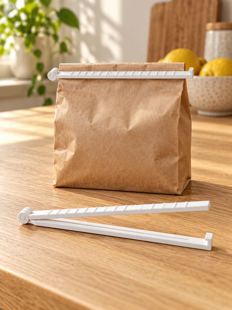 AI visualization of two matching white bag clips: one open on an oak table and one closing a kraft food bag
