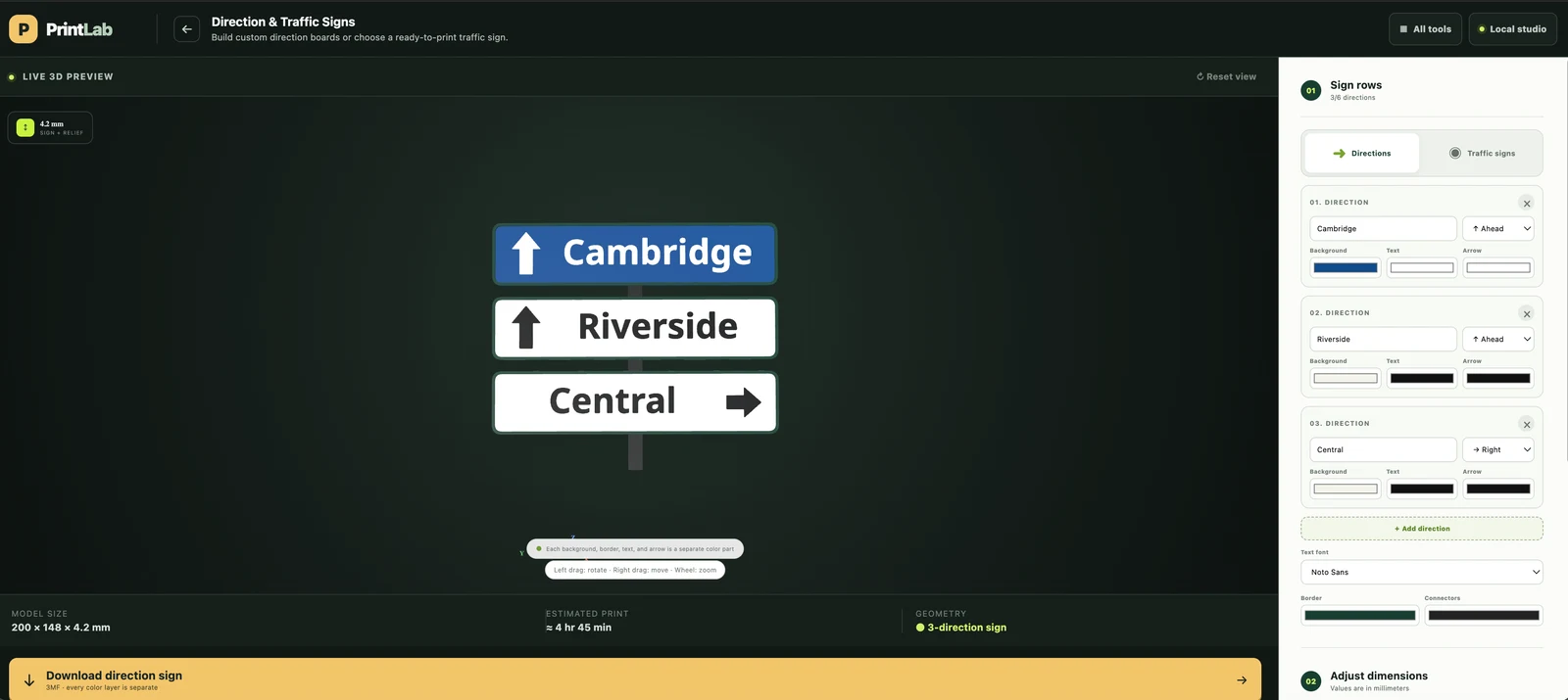 Direction tool preview with Cambridge, Riverside and Central direction boards