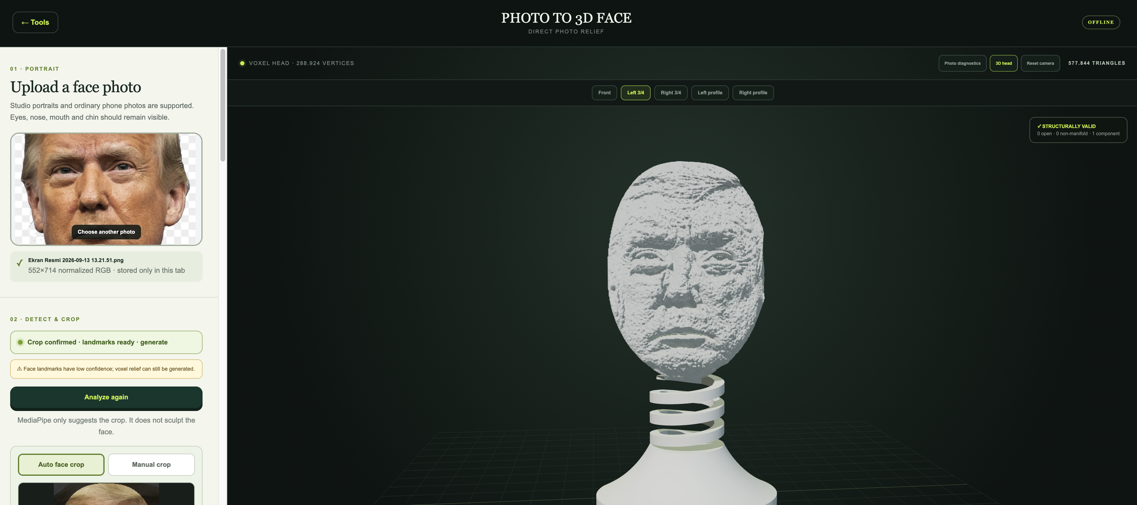 3D face and spiral stand shown in the supplied Photo to 3D Face tool screenshot