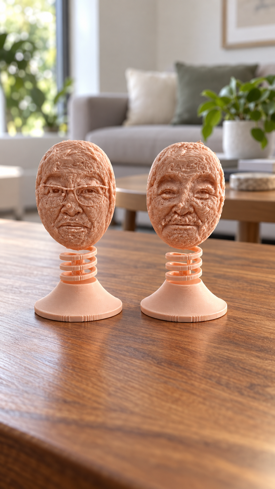 Two peach-colored printed portrait heads on spiral stands