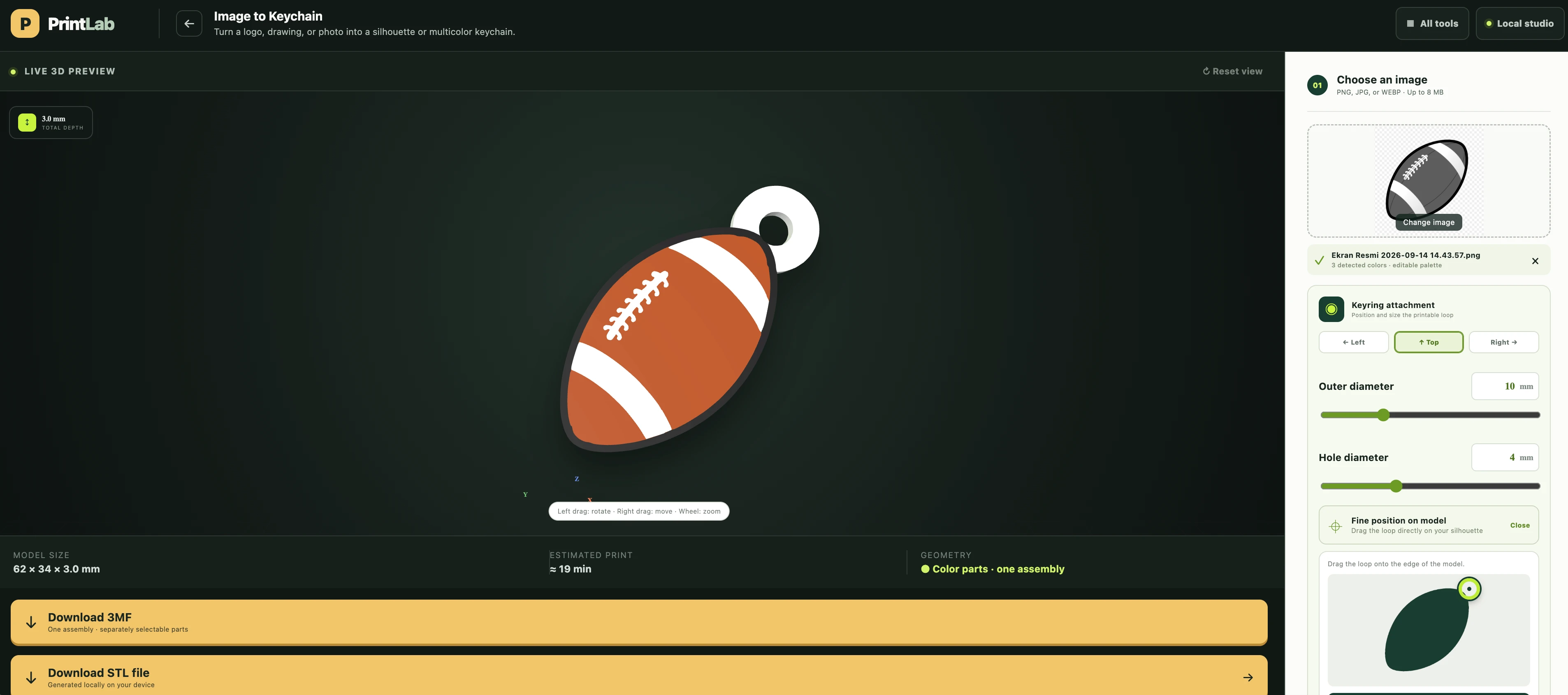 Supplied Image to Keychain tool screenshot showing an orange-brown football with white stripes and laces