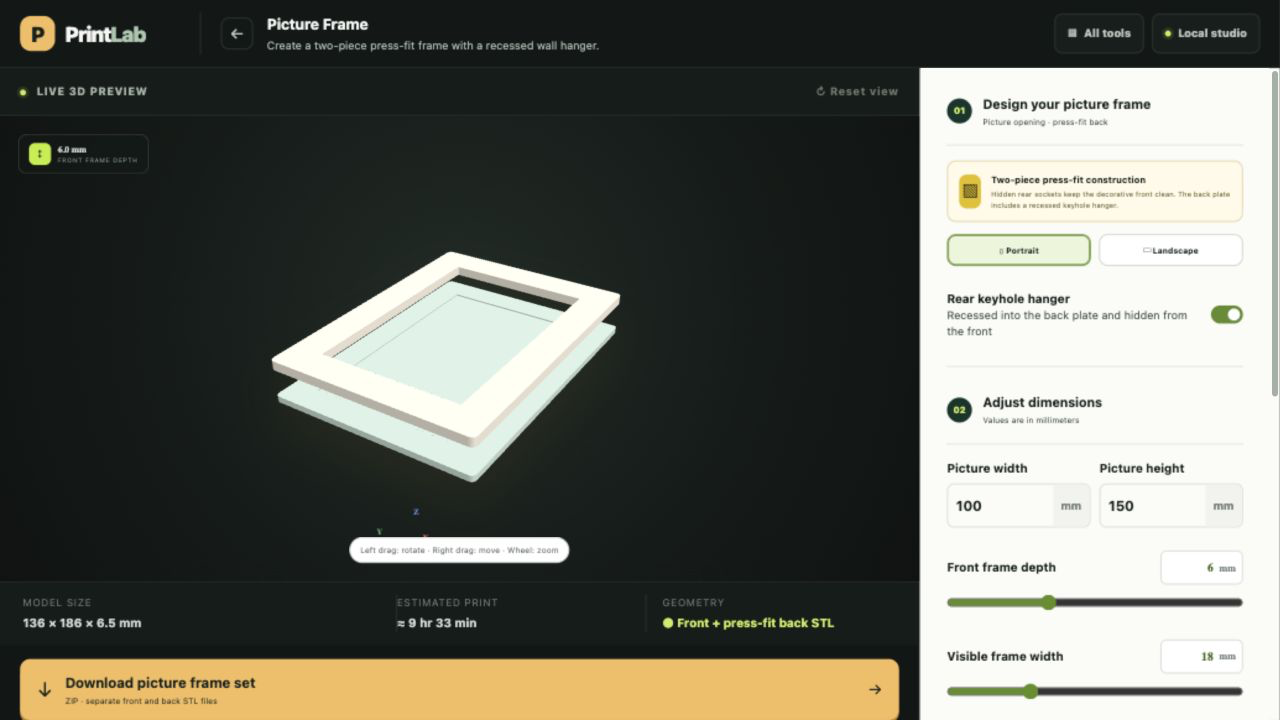 Actual PrintLab Picture Frame interface showing a live model, dimensions and download controls