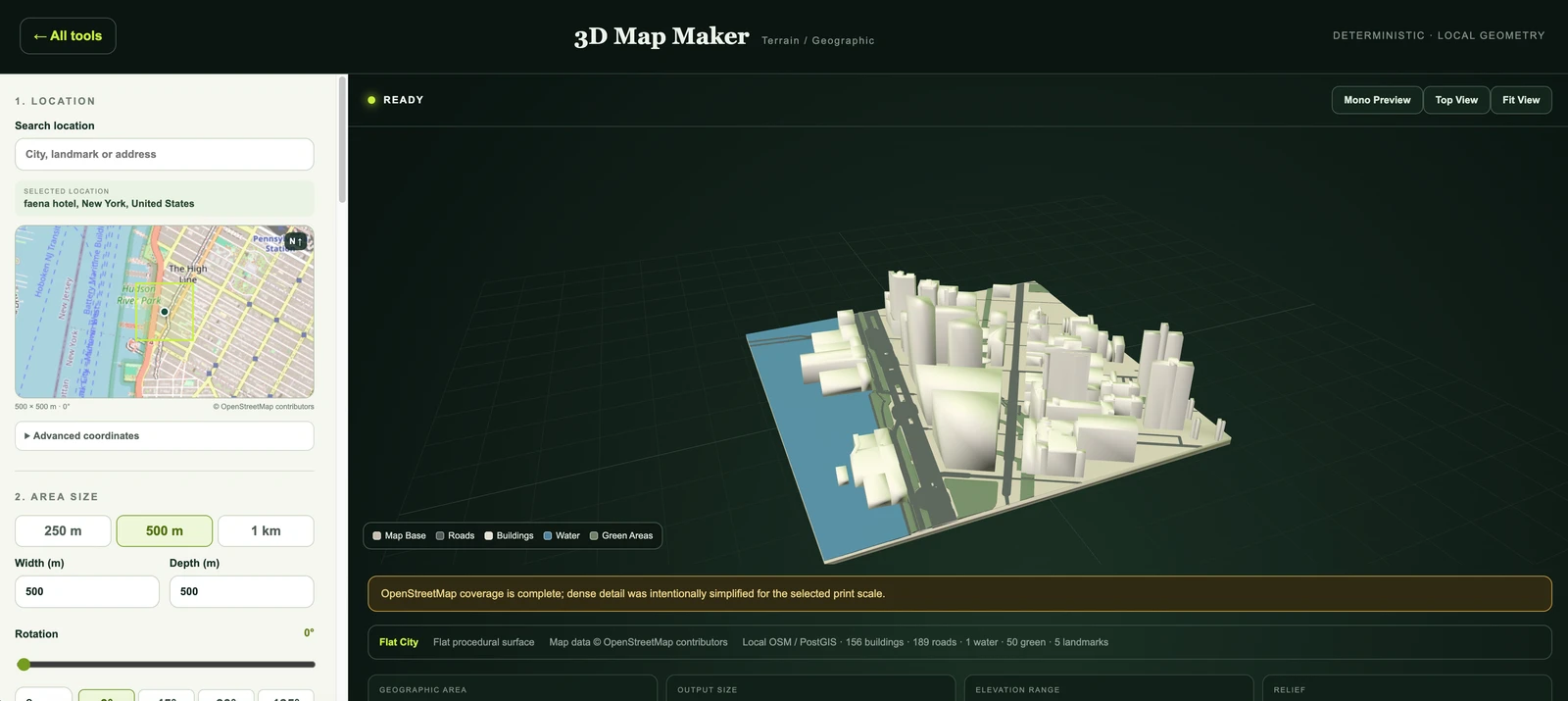 Supplied 3D Map Maker screenshot showing an ivory waterfront city model with blue water and sage green parks