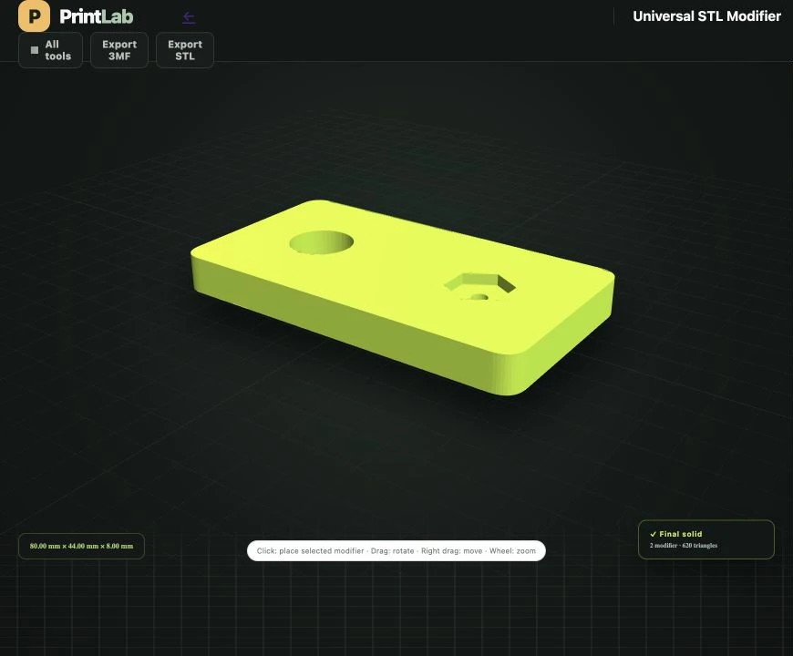 Universal STL Modifier preview with a round through-hole and hexagonal nut pocket applied to a plate