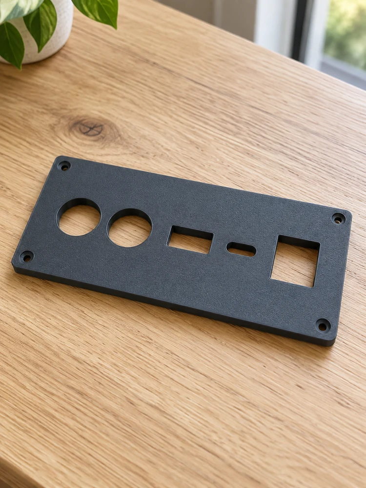 AI visualization of a fabricated charcoal panel with circular, rectangular and rounded connector openings and four mounting holes on an oak table