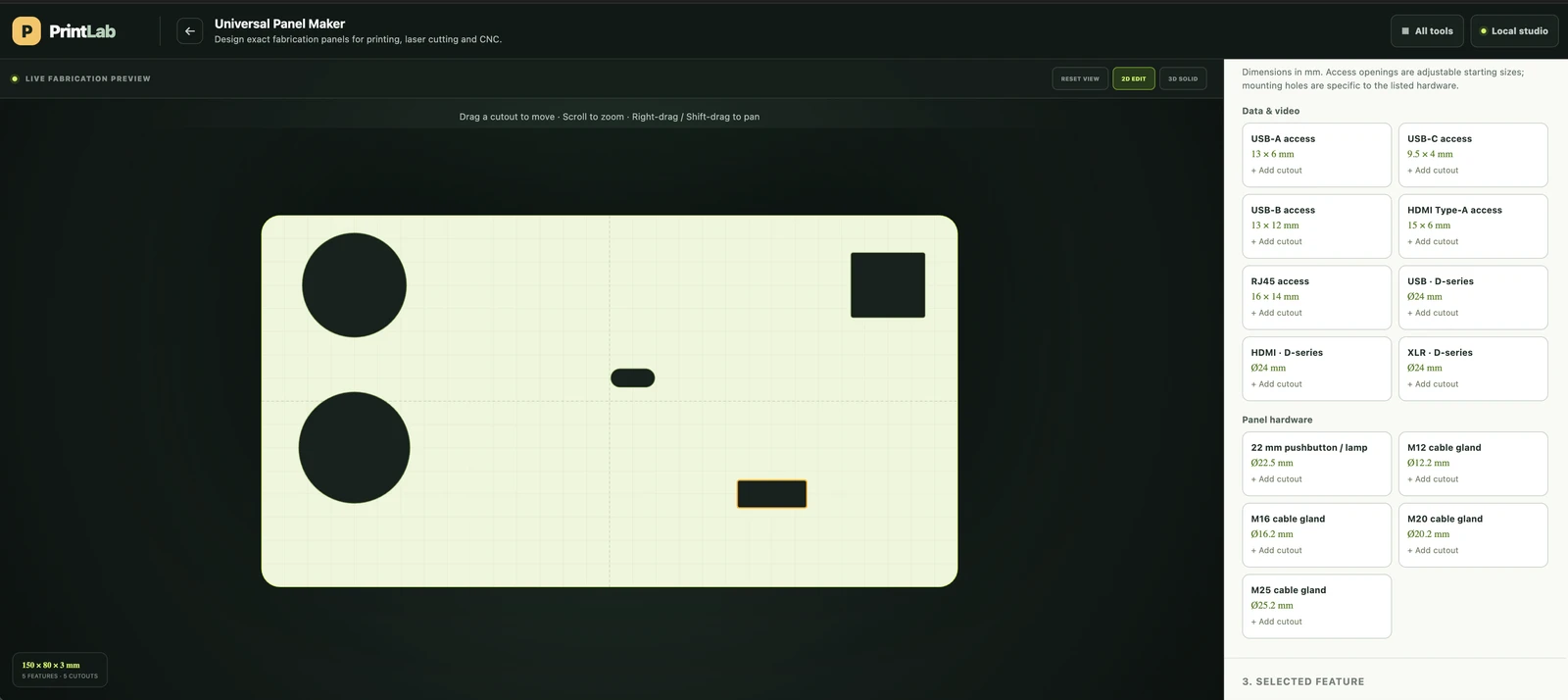 Full uncropped Universal Panel Maker screenshot showing the panel design and connector cutout controls