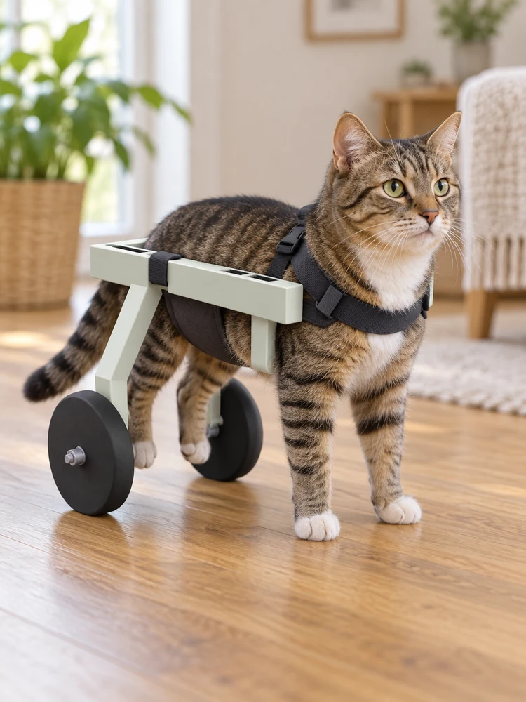 AI concept visualization of a tabby cat using a matching two-wheel rear-support frame with a padded harness