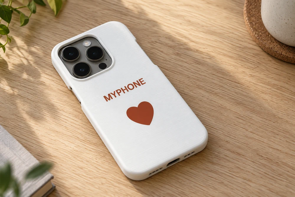 AI visualization of the white MYPHONE heart case installed on an iPhone 14 Pro, viewed from the back
