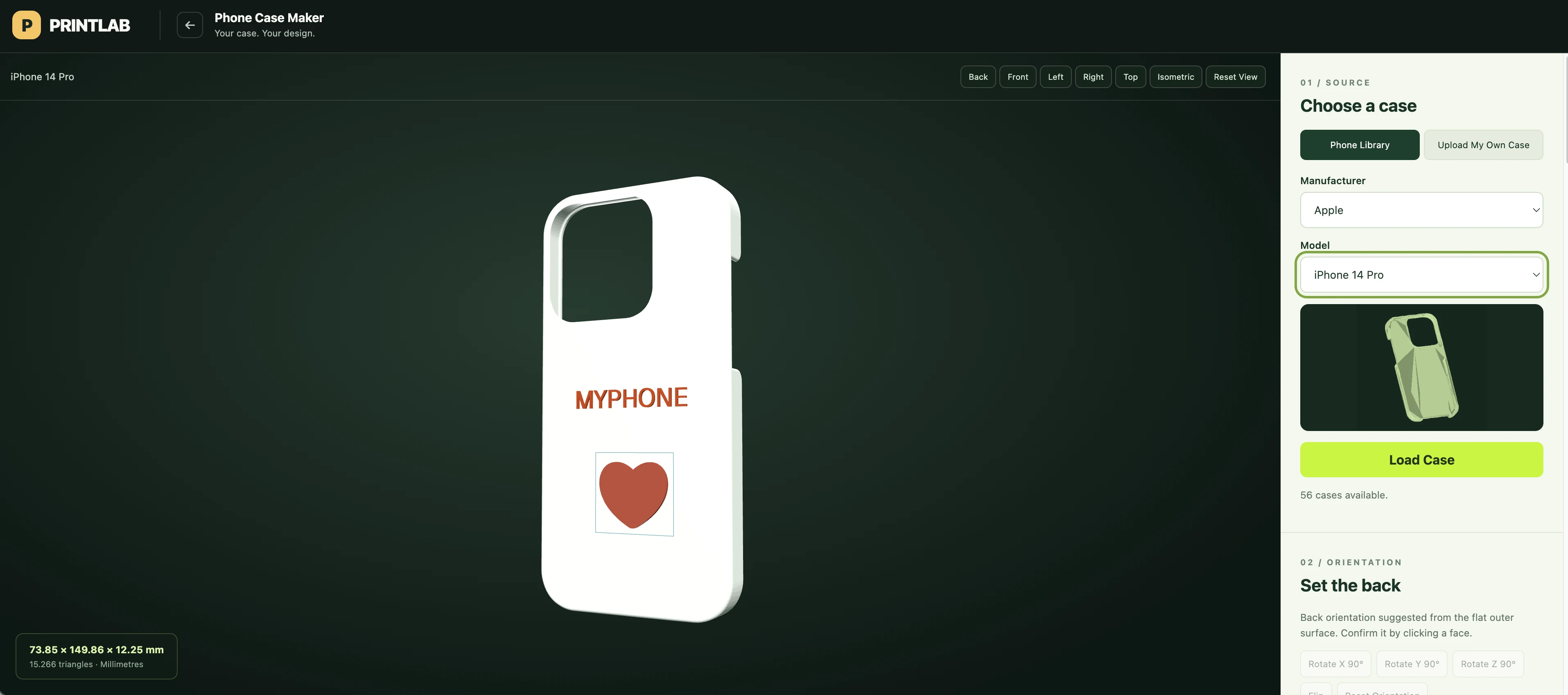 Supplied Phone Case Maker screenshot showing the white MYPHONE case with a terracotta heart