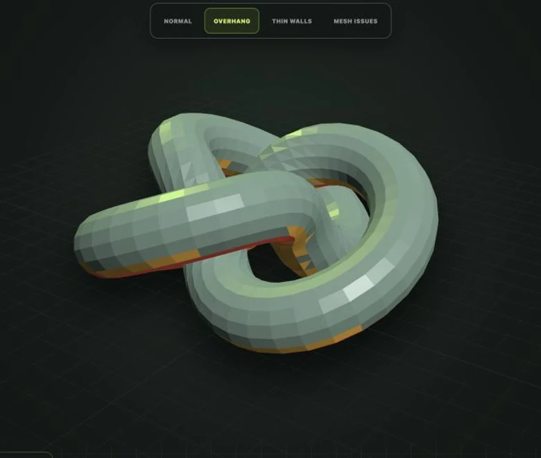 Printability Doctor's actual overhang analysis of a knot model, with risk areas highlighted