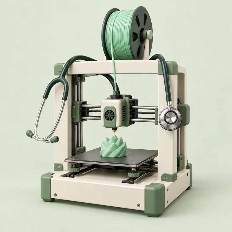 A sage and cream 3D printer wearing a doctor's stethoscope