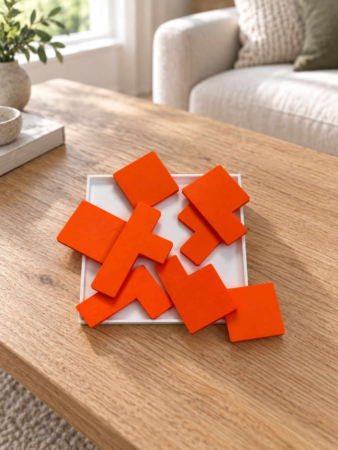 Orange puzzle pieces piled on a white tray