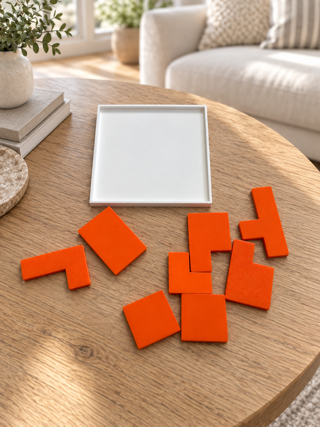 Orange puzzle pieces laid out beside an empty white tray