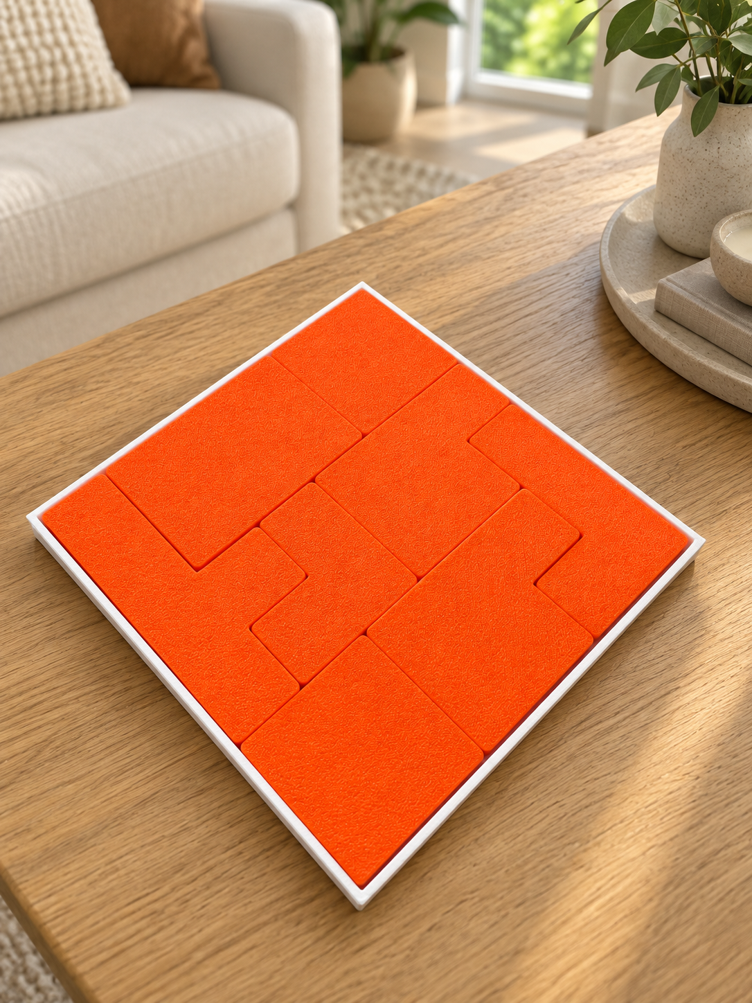 Completed orange puzzle fitted into its white tray