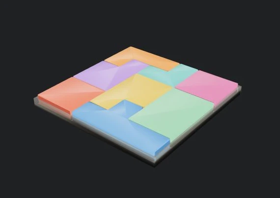 Actual 3D Puzzle Maker preview of eight colored pieces fitted into a square tray