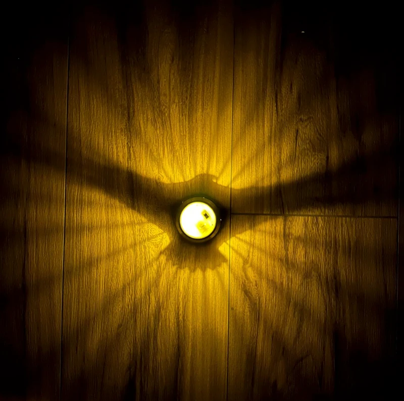 Real Shadow Lamp casting an outstretched bird shadow onto wood in warm light