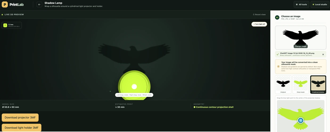 Shadow Lamp tool preview projecting a bird with outstretched wings
