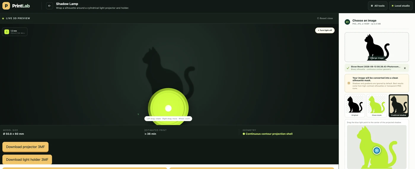 Shadow Lamp tool preview projecting a sitting cat silhouette