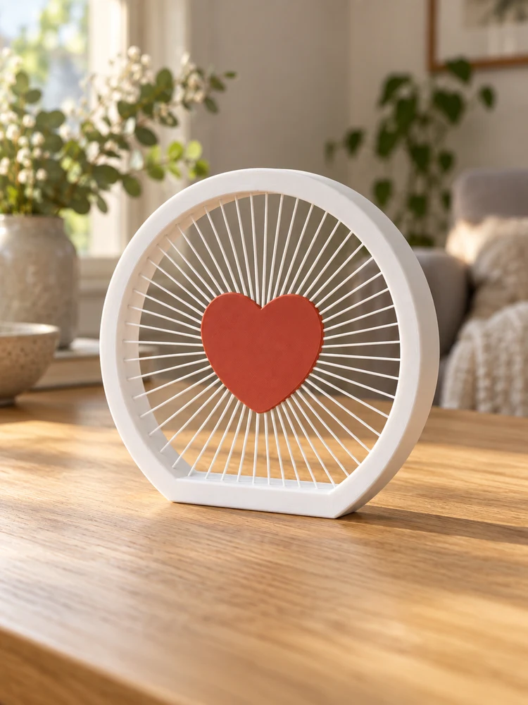 AI visualization of the matching white printed string-art frame and terracotta heart standing on an oak table