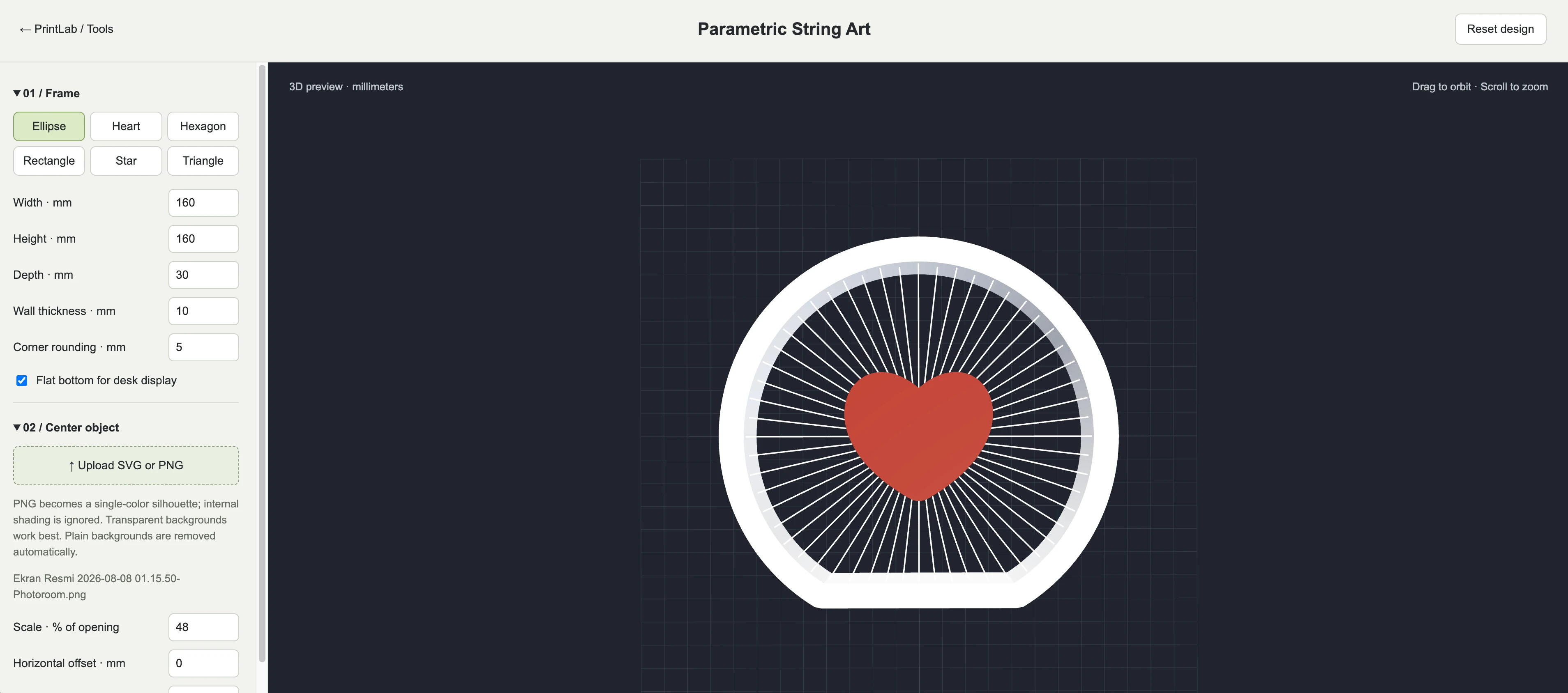 Supplied Parametric String Art tool preview of a white round frame with radial bridges and a red heart