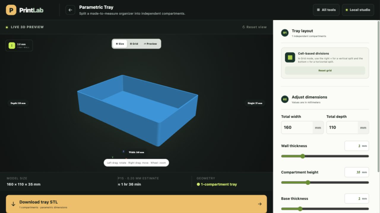 Actual Parametric Tray editor with a blue tray, size controls, grid mode and STL download