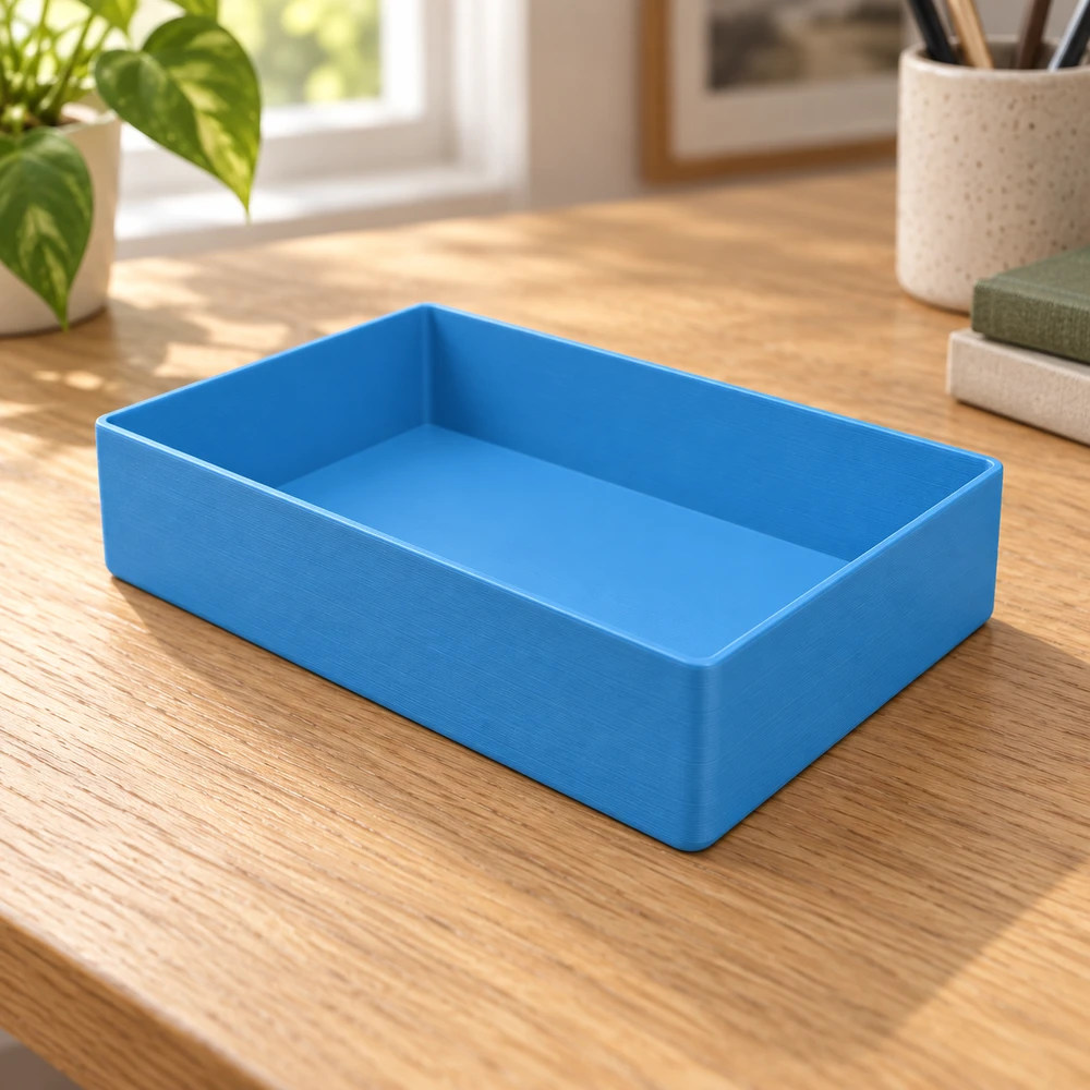AI-generated visualization of the matching blue tray on a sunlit oak desk